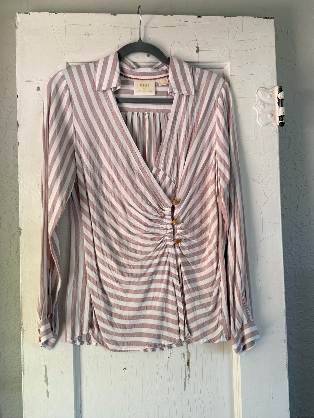 Maeve Anthropologie Wrap Stripe Blouse Size XS Mauve & White